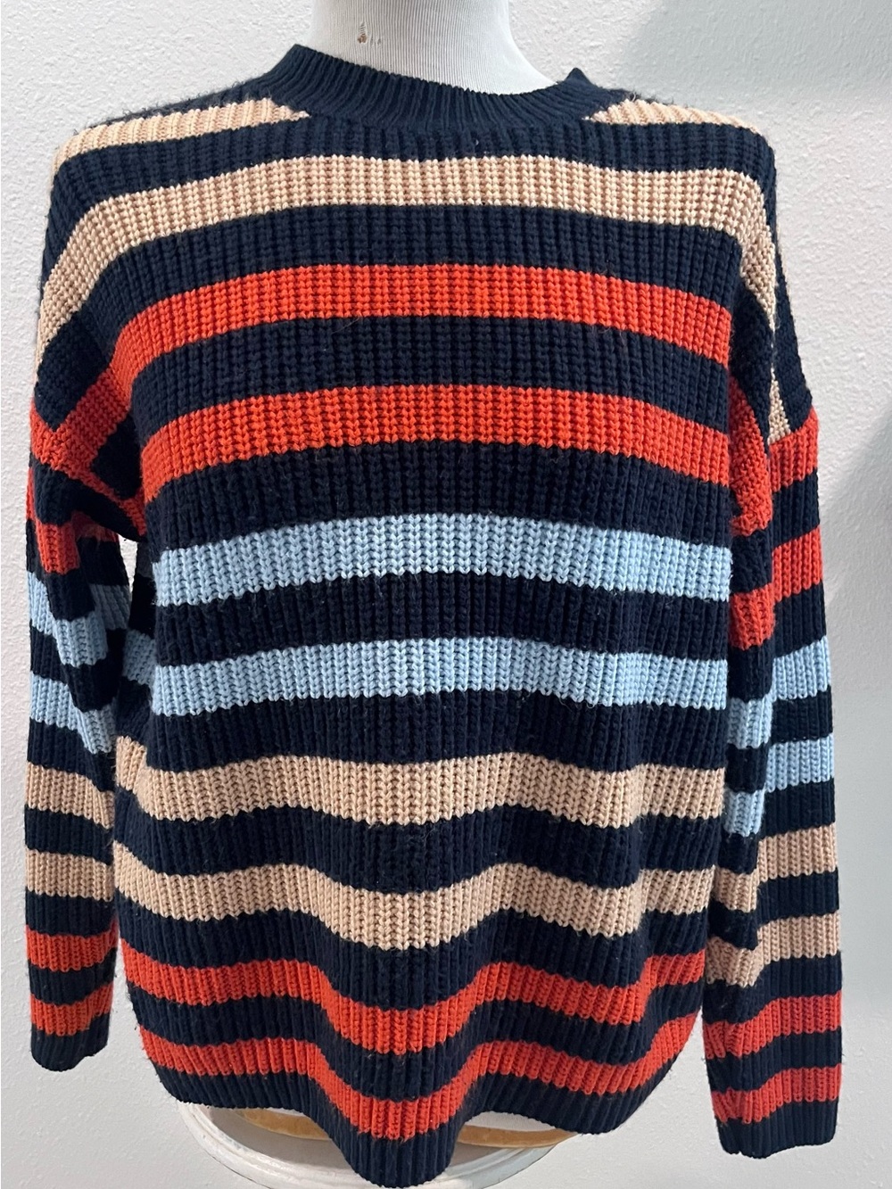 Striped Crewneck Sweater in Black, Red, Light Blue, and Tan
